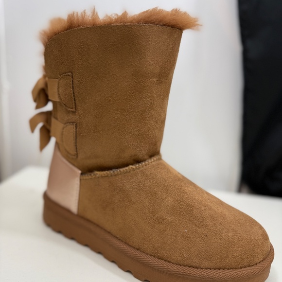 Women BOOTS WITH BOW fur line  2060 Tan - Picture 2 of 5